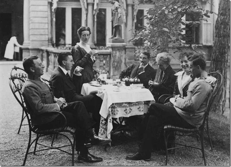 The Wittgenstein family in Vienna, summer 1917. From left, siblings Kurt, Paul, and Hermine Wittgenstein; their brother-in-law, Max Salzer; their mother, Leopoldine Wittgenstein; Helene Wittgenstein Salzer; and Ludwig Wittgenstein.
