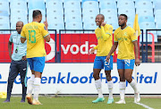 Thapelo Morena of Mamelodi Sundowns celebrates his goal with teammates in the DStv Premiership match against Richards Bay FC at Loftus Stadium in Pretoria on April 25 2023.