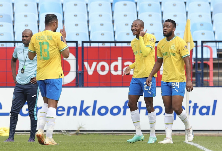 Thapelo Morena of Mamelodi Sundowns celebrates his goal with teammates in the DStv Premiership match against Richards Bay FC at Loftus Stadium in Pretoria on April 25 2023.