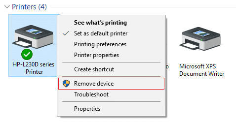 คลิกขวาที่เครื่องพิมพ์ของคุณและเลือก Remove device