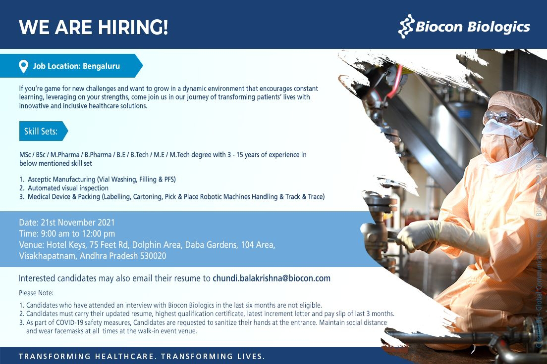 Biocon Biologics Job Vacancy For MSc / BSc/ M.Pharma/ B.Pharma / B.E/ B ...