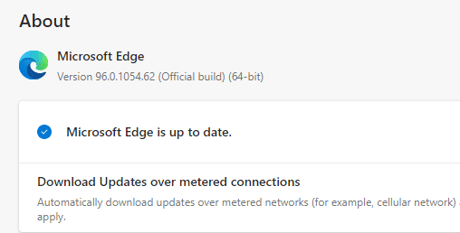 A continuación, compruebe si Microsoft Edge está actualizado a su última versión.  De lo contrario, haga clic en el botón Actualizar para actualizar su navegador.  Solucione el problema de seguridad de INET E