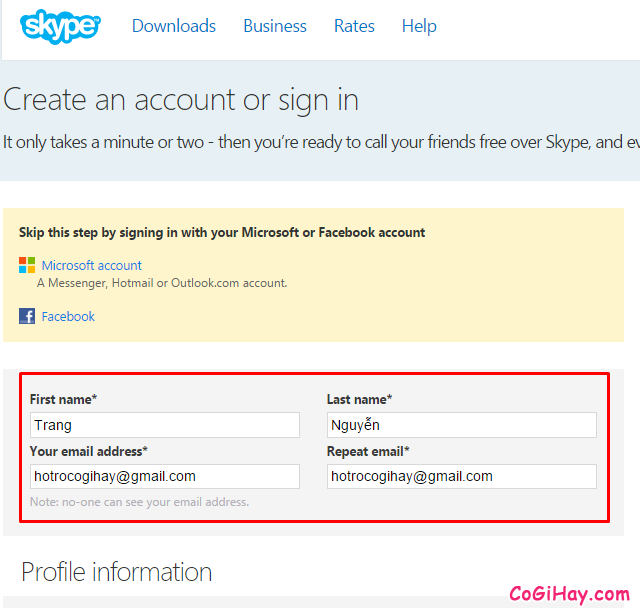 điền các thông tin cơ bản để đăng ký Skype