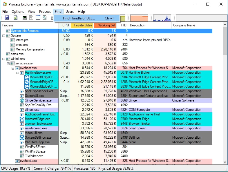 それをクリックして、[ハンドルまたはDLLの検索]を選択します。 ProcessExplorerSearchのミニウィンドウが表示されます。