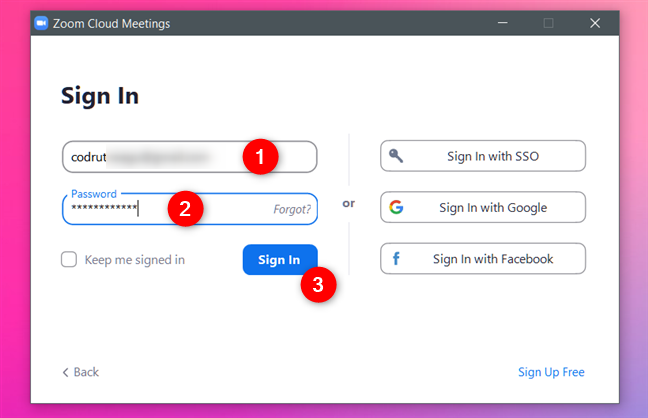 Connexion à l'application Zoom Cloud Meetings