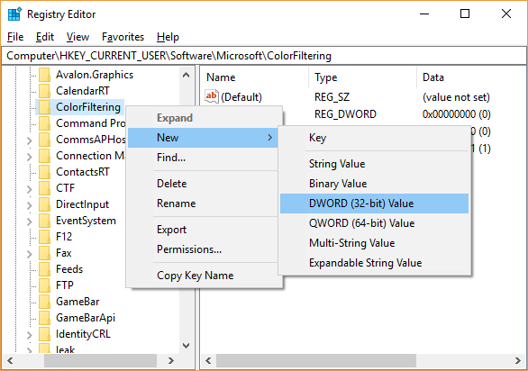 Fare clic con il tasto destro del mouse sulla chiave ColorFiltering, quindi selezionare Nuovo e quindi Valore DWORD (32 bit).