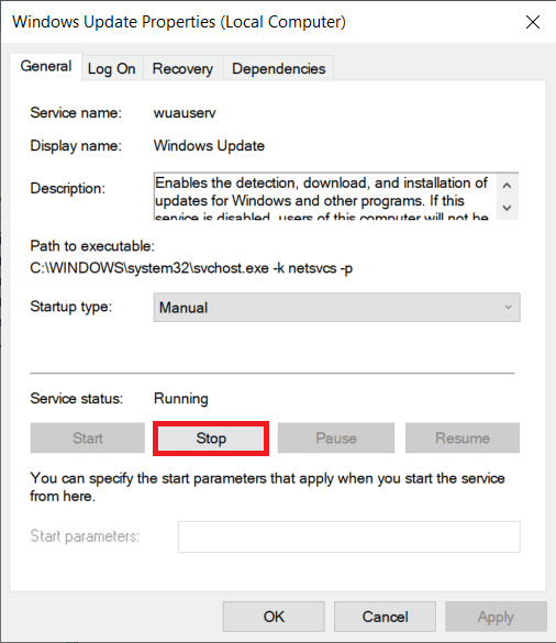 Assurez-vous que vous êtes sur l'onglet Général et cliquez sur le bouton Arrêter sous l'état du service pour arrêter le service.