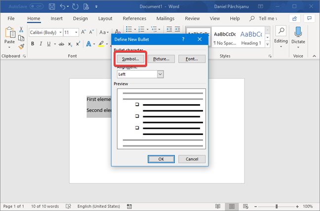 Definir la nueva viñeta en Microsoft Word