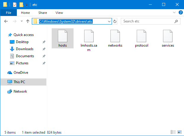 ตำแหน่งของไฟล์ Hosts ใน Windows