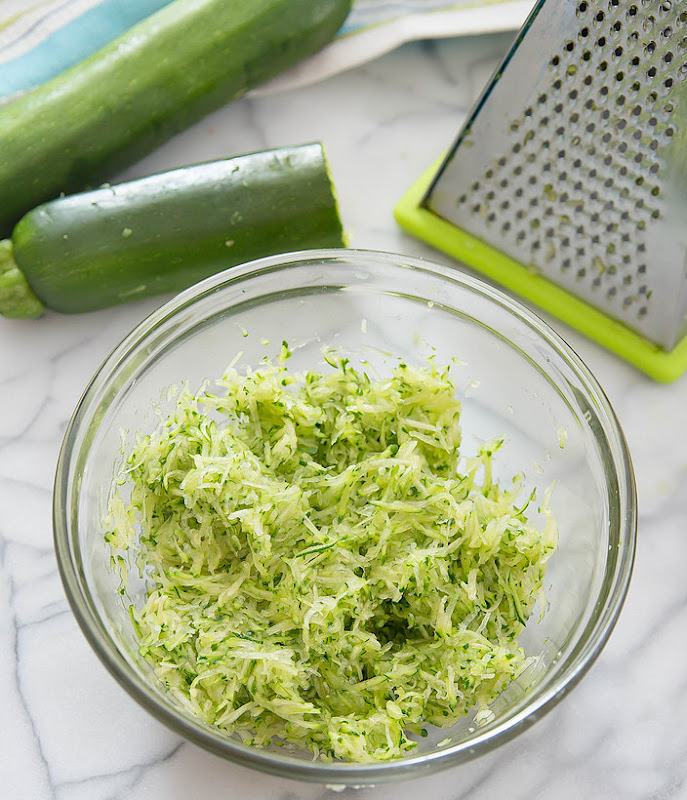 overhead photo of a bowl of grated zucchini