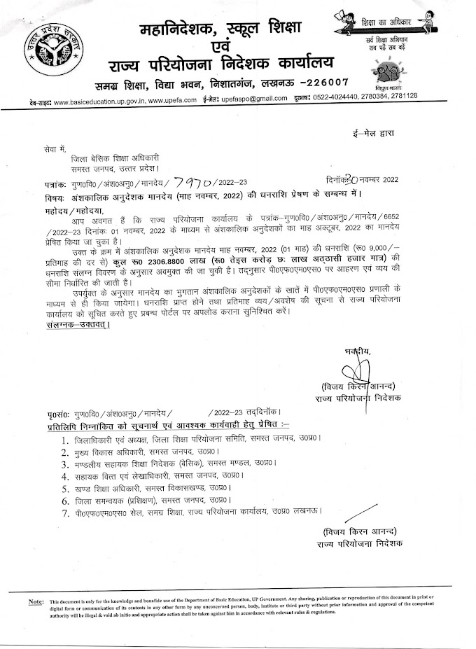 अंशकालिक अनुदेशक मानदेय (माह नवम्बर, 2022) की धनराशि प्रेषण के सम्बन्ध में