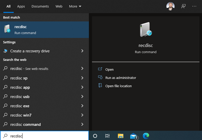 Rechercher recdisc dans Windows 10