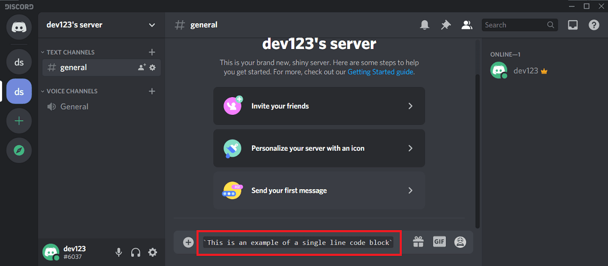 Codeblokken maken in Discord, Codeblok met één regel |