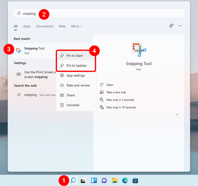 Pin Knipprogramma vast aan het startmenu of de taakbalk in Windows 11