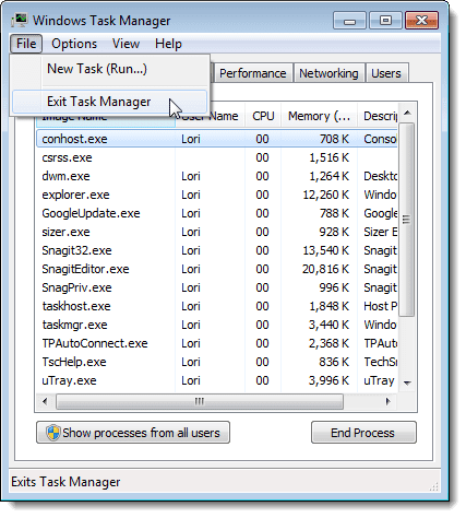 Chiusura di Task Manager in Windows 7