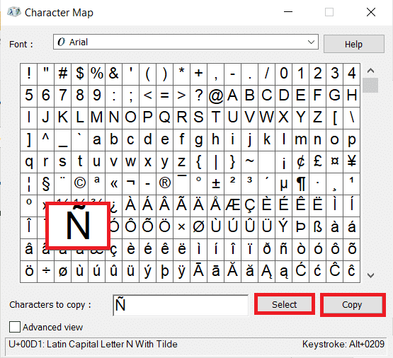 Haga clic en el símbolo deseado.  Haga clic en Seleccionar y luego en Copiar para copiar el símbolo.  Cómo escribir n con Tilde Alt Code