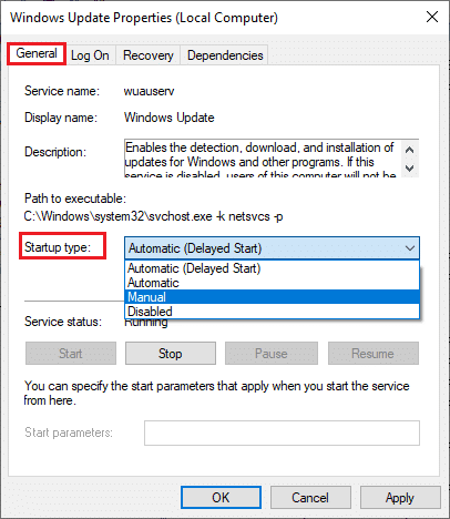 Ahora, configure el tipo de inicio en Manual