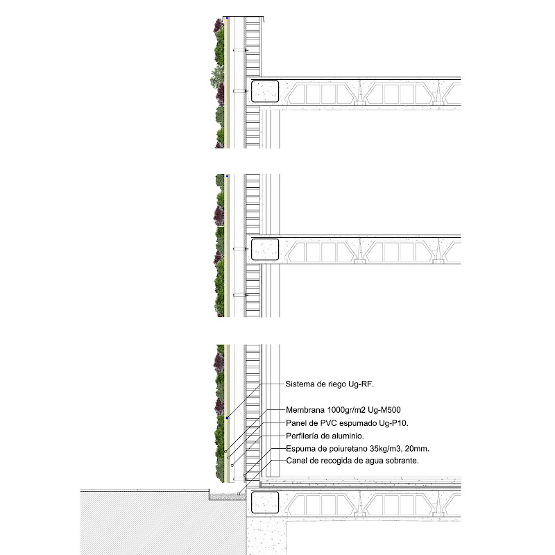 Detalle constructivo jardín vertical. Sistema f+p.
