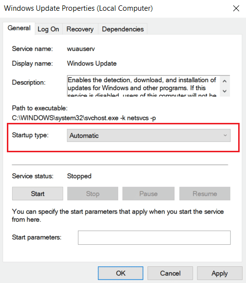 Opstarttype ingesteld op Automatisch.  Fix MoUsoCoreWorker.exe procesfout