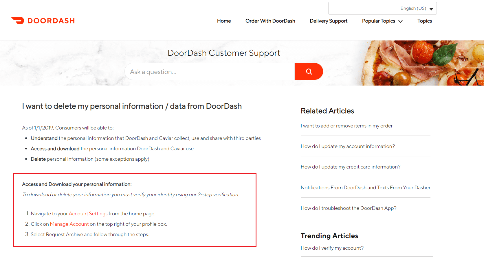 doordash 고객 지원 개인 정보 삭제 방법.  DoorDash 계정을 삭제하는 방법