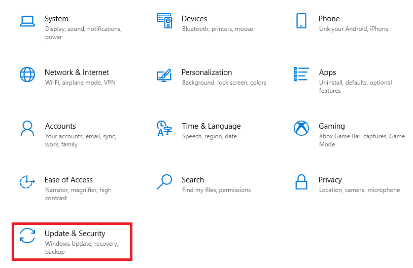 fare clic su Aggiornamento e sicurezza.  Come riparare la fotocamera del laptop non rilevata su Windows 10