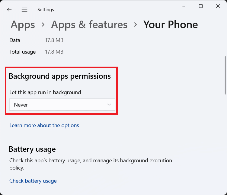 Opzione di autorizzazione per le app in background nelle impostazioni