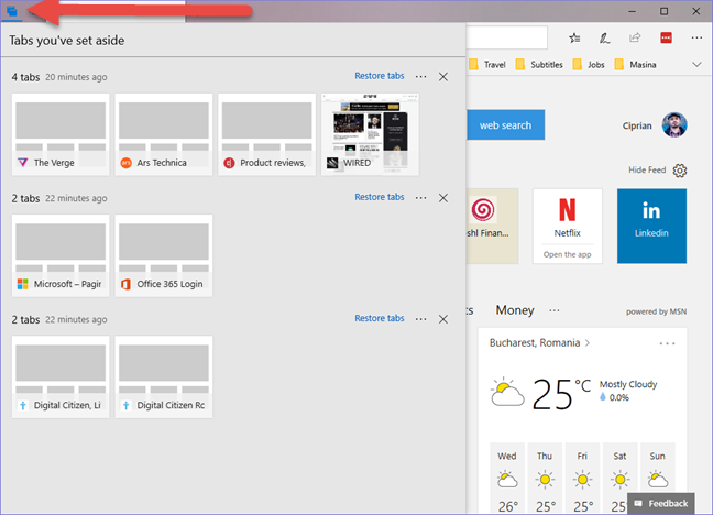 Windows 10, Microsoft Edge, metti da parte, schede