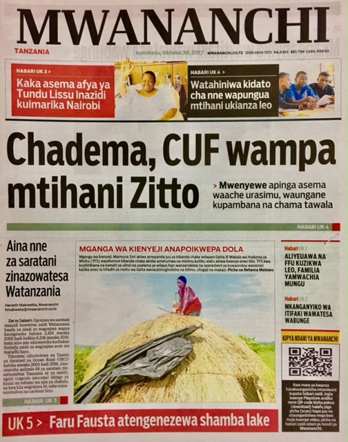 Chadema, CUF Wampa Mtihani Zitto, Habari Zilizopo Katika Magazeti ya Leo Jumatatu ya Octoba 30