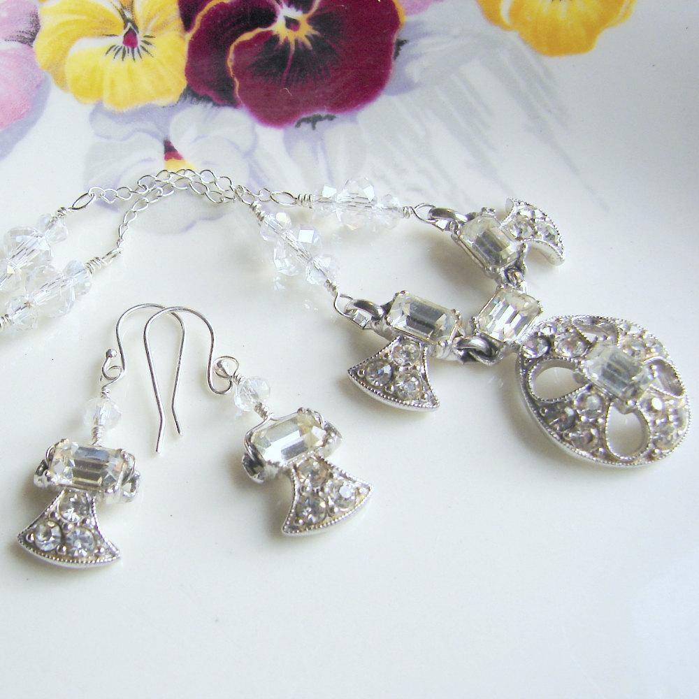 Bridal Jewelry Earrings Necklace Rhinestone Sterling Crystals Vintage