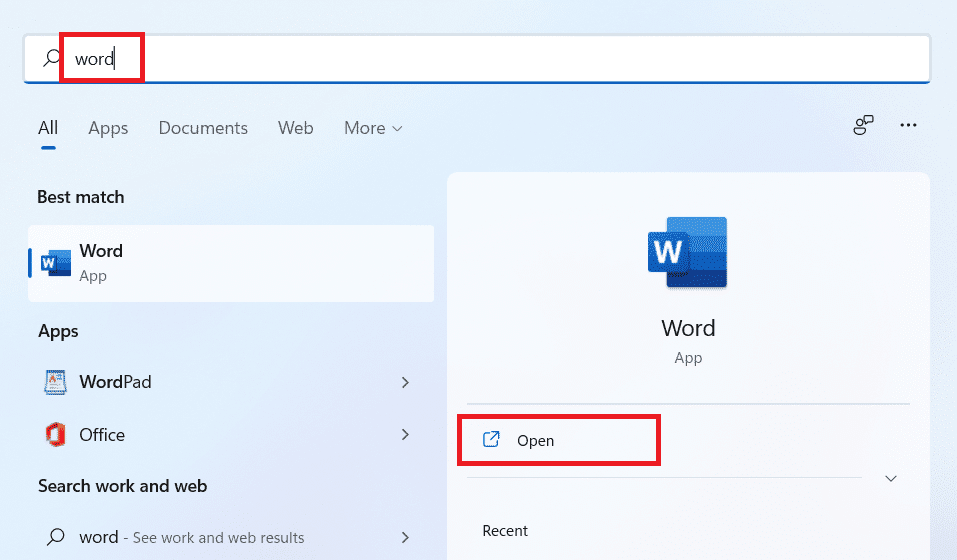 以下に示すように、Windowsの検索バーに「Word」と入力し、[開く]オプションをクリックします。 |  複数のページに大きな画像を印刷する方法Windows11