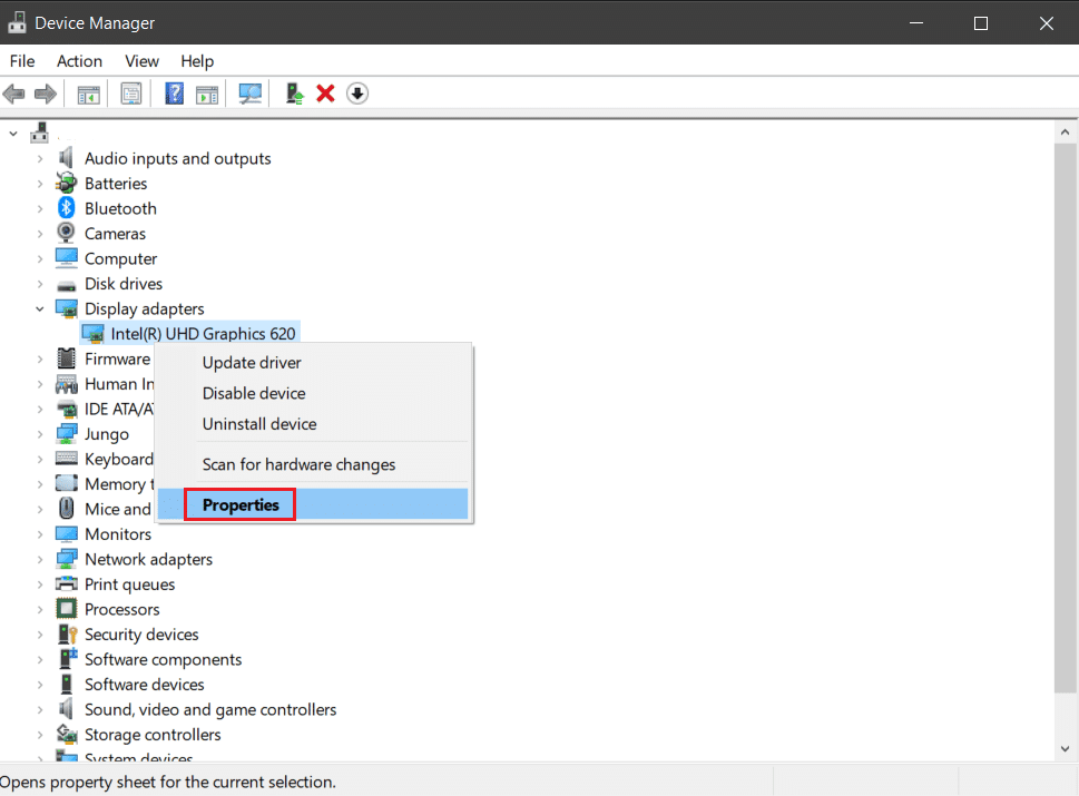 haga clic derecho en el controlador de pantalla intel y seleccione propiedades en el administrador de dispositivos.  Cómo arreglar líneas en la pantalla del portátil