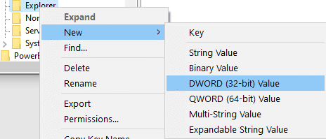 คลิกขวาที่ Explorer และเลือกใหม่ < DWORD Value |  วิธีลบไฟล์ desktop.ini จากคอมพิวเตอร์ของคุณ