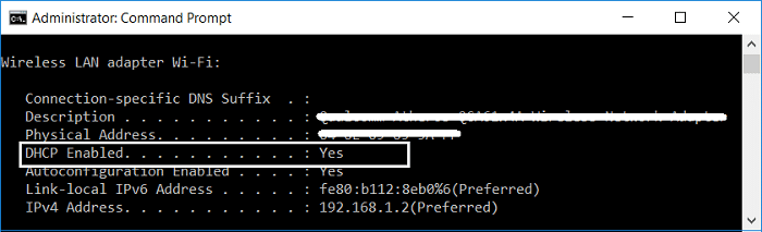 Desplácese hacia abajo hasta el adaptador de LAN inalámbrica Wi-Fi y, en DHCP habilitado, debería leer Sí