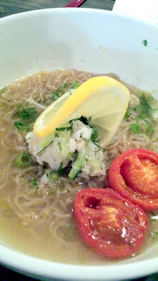 Fourth course of Cold Lemon Shio Dashi Ramen with roasted tomato, Jacobsen Sea Salt, Toasted Rye Noodle, Dungeness Crab, and Scallion Oil by Ivan Ramen for Jacobsen Salt Co Salt Fire Water dinner #3 with Ivan Ramen + Lang Baan