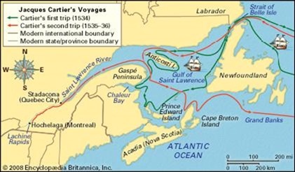 Cartier, Jacques Este mapa detalha as duas primeiras viagens de Jacques Cartier. Encyclopædia Britannica, Inc.