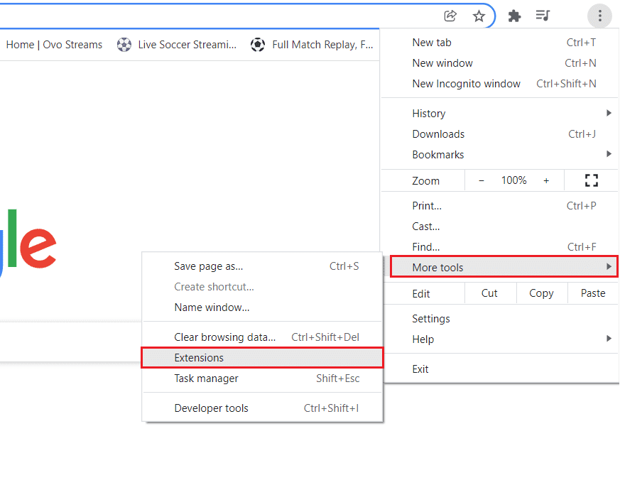 haga clic en Más herramientas y seleccione Extensiones en Google Chrome.  Cómo reparar el error 279 de Roblox