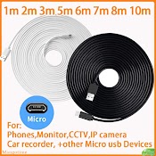 Dây Cáp Sạc Micro Usb Dài 1M/2M/3M/5M/6M/7M/8M/10M Cho Camera/Điện Thoại/Cctv/Webcam