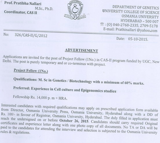 EpiGenomics OU Hyderabad Project Vacancy