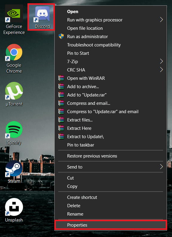 Fai di nuovo clic con il pulsante destro del mouse sull'icona del collegamento sul desktop di Discord e questa volta seleziona Proprietà