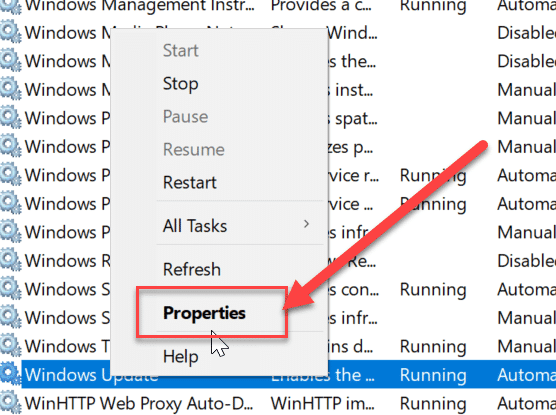 Kliknij prawym przyciskiem myszy Aktualizacje systemu Windows i wybierz Właściwości z menu kontekstowego