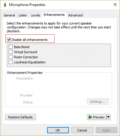 ปิดใช้งานการเพิ่มประสิทธิภาพทั้งหมดในคุณสมบัติของไมโครโฟน
