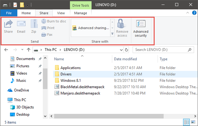 File Explorer, Windows, แชร์