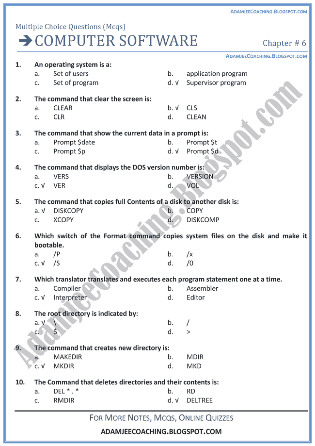 Adamjee Coaching Computer Software Mcqs Computer Ix