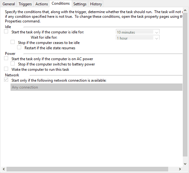 La pestaña Condiciones para una tarea en el Programador de tareas