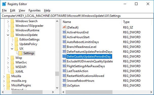 Dvakrát klikněte na DeferQualityUpdatesPeriodInDays DWORD