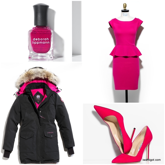 Deborah Lippmann - Raise Your Glass, Alice & Olivia - Victoria Peplum Dress, Canada Goose Trilium Parka, Manolo Blahnik BB Pump  