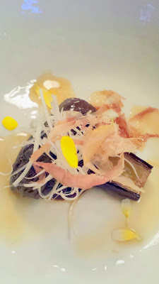 Seared Japanese Eggplant, bonito, ginger, and red miso from Nodoguro August themed pop-up- Haruki Murakami 8/12/2014