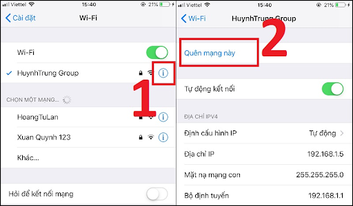 Các bước quên và xóa mạng WiFi trên iPhone