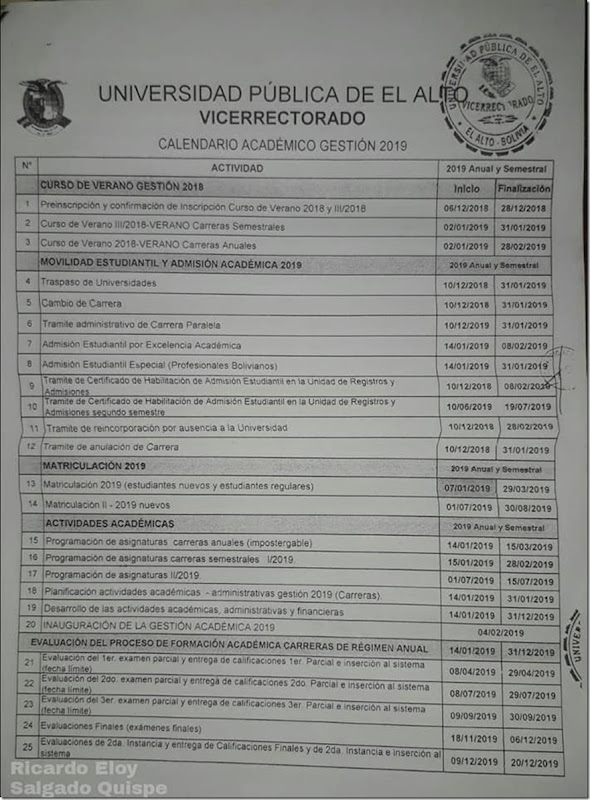 UPEA: Calendario Académico de la Gestión 2019