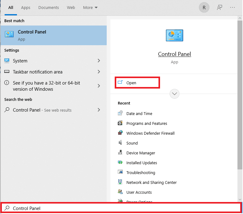 เปิดเมนู Start พิมพ์ Control Panel แล้วคลิก Open บนบานหน้าต่างด้านขวา |  ข้อมูลการติดตั้ง InstallShield คืออะไร